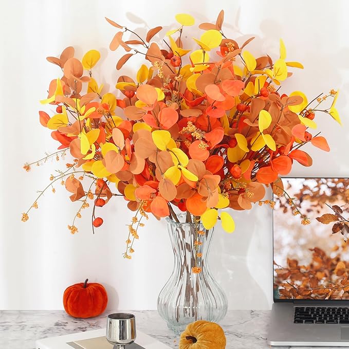 SITUMEIZI 6 Pcs Fall Stems Eucalyptus Artificial Fall Leaves Tall Autumn Decor 24" Foam Leaf Branches for Fall Halloween Thanksgiving Decoration Floral Arrangements