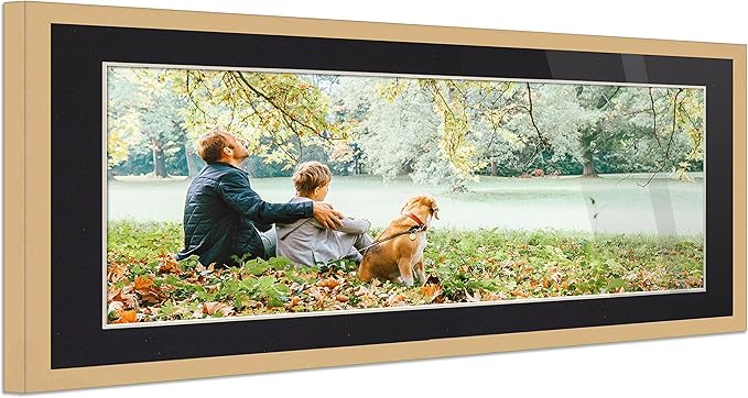 13x39 Frame Natural Wood with Black Mat | 16x42 Frame Matted to 13x39 | Display Your Artwork Under UV Acrylic Shatter Guard Front, with Foam Board Backing and Wall Hanging Hardware - Wood Frame