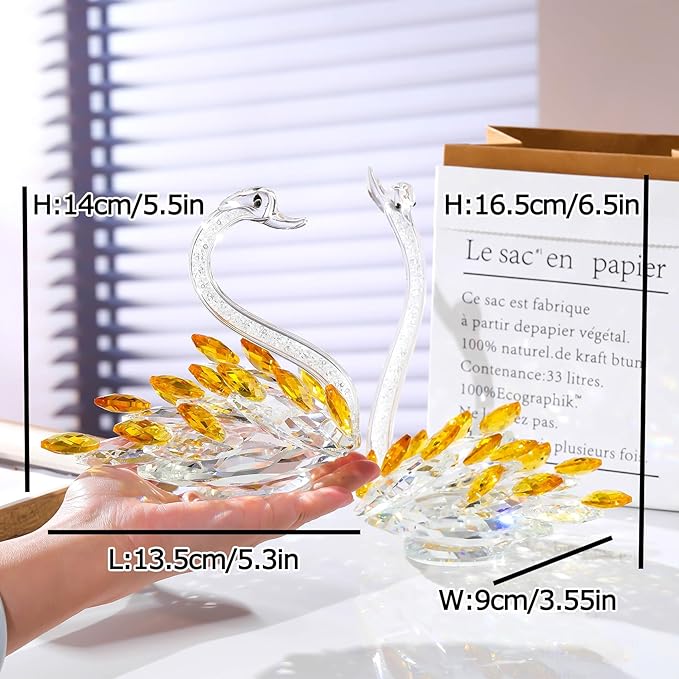 Set of 2 Crystal Golden Swans Anniversary Wedding Gifts for Couple, Glass Swan Figurines Collectibles Valentines Day Presents Keepsake for Parents Home Decor