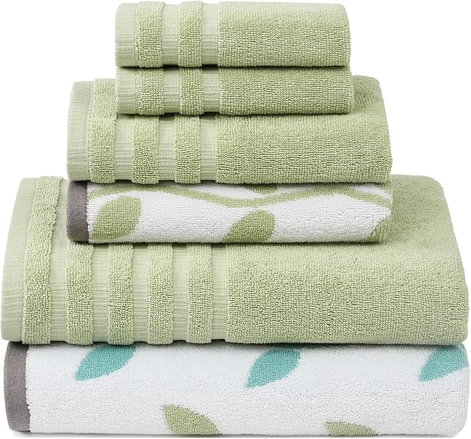 Modern Threads Organic Vines 6-Piece 100% Cotton Towel Set – Yarn Dyed Jacquard & Solid – Includes 2 Bath Towels, 2 Hand Towels, 2 Washcloths – Absorbent, Quick Dry, Soft & Durable – Sage Green