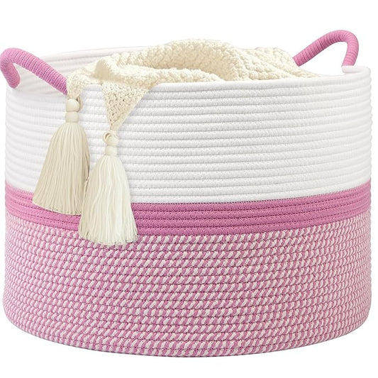 Pink Laundry Basket,20''x13''Woven Cotton Rope Laundry Hamper,Large Blanket Basket for Living Room,Baby Baskets,Kids Toy Storage Basket for Organizing,Woven basket,Clothes Hamper,Room Decor