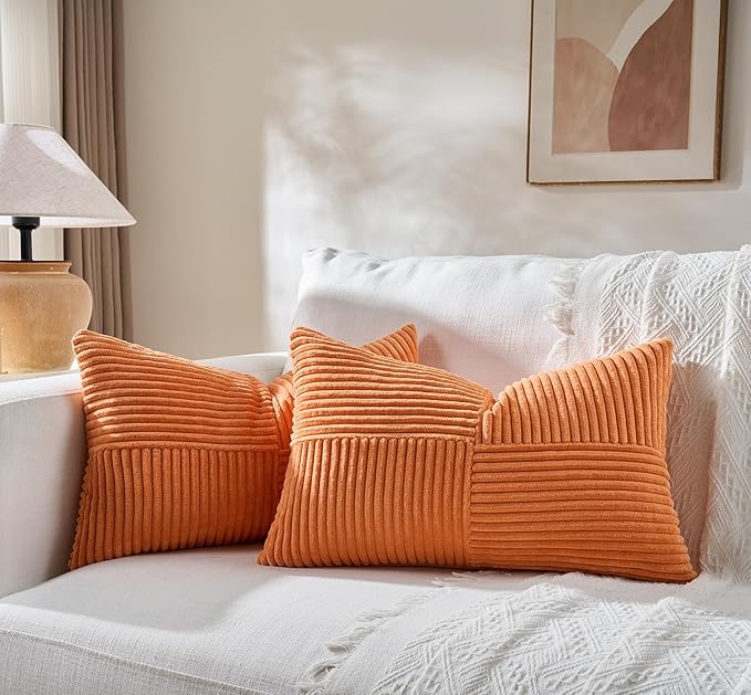 Fancy Homi 4 Packs Orange Lumbar Decorative Throw Pillow Covers 12x20 Inch for Living Room Couch Bed Sofa, Farmhouse Boho Home Decor, Soft Striped Corduroy Rectangle Accent Cushion Case 30x50 cm