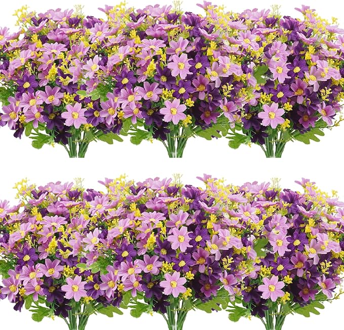 Uieke 12 Bundles Artificial Flowers for Outdoors UV Resistant Fake Daisy Mums Flowers No Fade Shrubs Plants Indoor Outside Planter Home Wedding DIY Garden Porch Décor (Purple)
