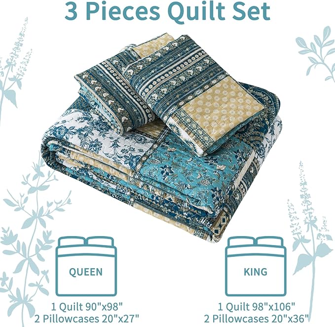 VAPUTAR Quilts Queen Size - 3 Piece Cotton Quilted Bedspread Coverlet, Soft Lightweight Quilted Bedding Set, Patchwork Boho Quilt with Pillowcovers Suitable for All Season and Room Decor (Dream Blue)