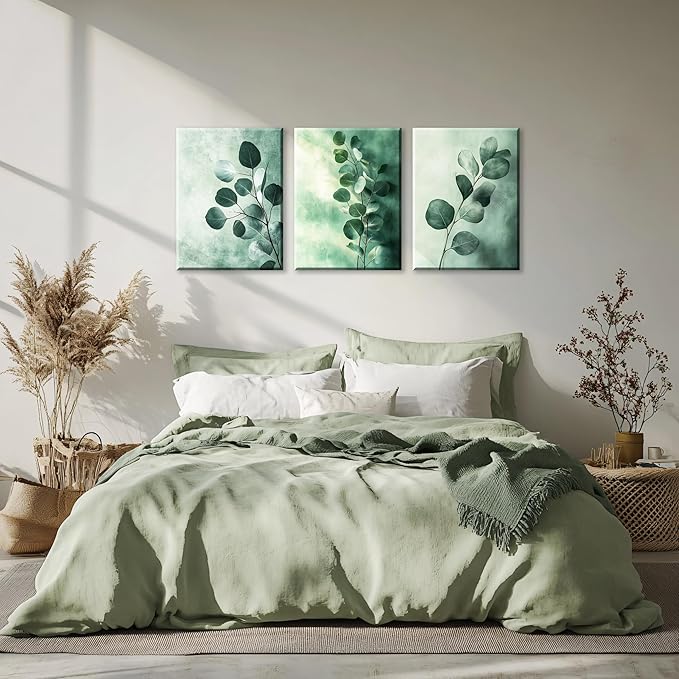 NAN Wind 3PCS Botanical Eucalyptus Canvas Wall Art Minimalist Sage Green Watercolor Leaves Modern Framed Canvas Wall Decor Nature Painting for Living Room Bedroom Office Decor