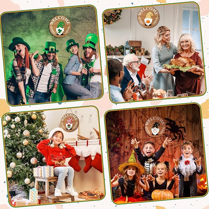 Qunclay Interchangeable Wooden Gnome Decor Holiday Seasonal Gnome Decorations with Magnet Pieces and Detachable Hats Changeable Welcome Sign for Home(Simple Style)