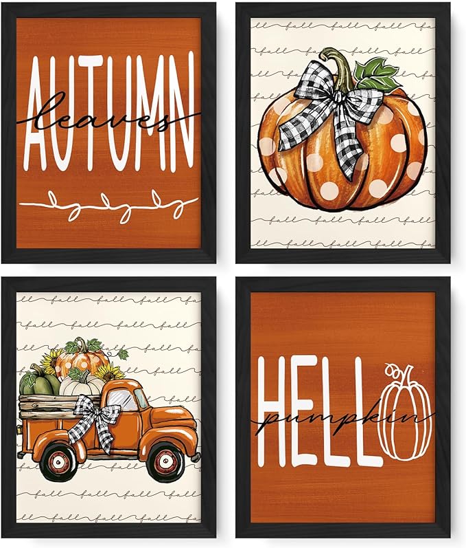JXREQ Fall Decor Pumpkin Wall Art Hello Pumpkin Posters, Rustic Farmhouse Truck Autumn Leaves Wall Decor, Fall Art Prints for Harvest Thanksgiving Kitchen Bedroom Living Room, 8x10 Inch 4Pcs Unframed