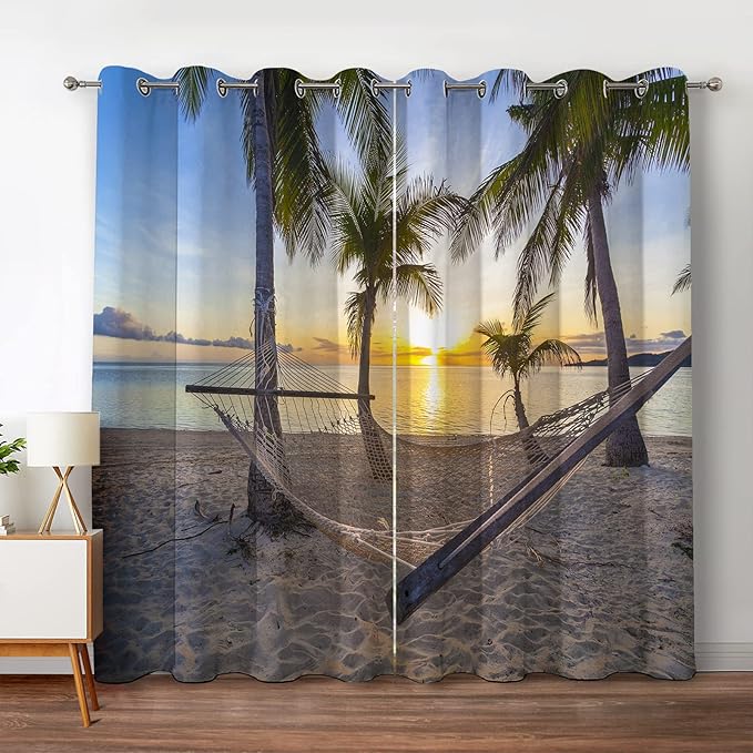 Jekeno Ocean Palm Trees Blackout Curtains Beach Sky Sunshine Seascape Decor for Bedroom Living Room Grommet Window Drapes 2 Panel Set, 52"x63"