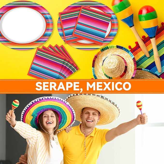 Mexican Fiesta Party Oval Paper Plates 11inch Plates and Napkins, Mexico Stripes Dish Tray for Dance Pinata Taco Party Colorful Ponchos Supplies Picnic Tableware Decor, 25 Guest