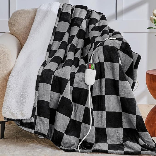 Heated Electric Blanket Twin Size, 62X84 Heating Blanket with 10 Heat Level & 8 Hours Auto Off, Black Gray Checkered Plaid Soft Fleece Sherpa Blankets Warmer Gifts for Couch Grandma Women Adults, ETL