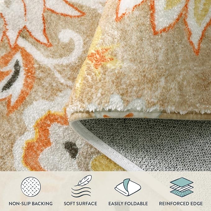 Lahome Floral Washable 2x3 Area Rug, Non-Slip Small Door Rugs for Entryway Indoor, Non-Shedding Tan Paisley Print Doormat Capet for Kitchen Bathroom Laundry Room Sink