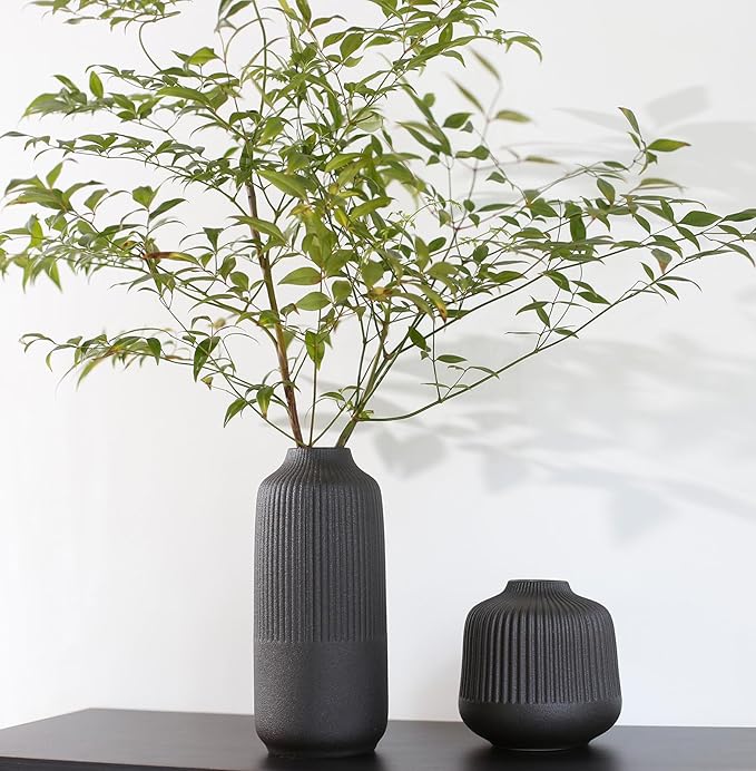 Black Ceramic Vase Set of 2, Modern Decor, Neutral Vases for Home Decor Boho Decor, Vases for Kitchen, Bedroom, Office, Living Room & Bathroom, Shelf Decor, Centerpiece Table,Mantel (Matt Black)