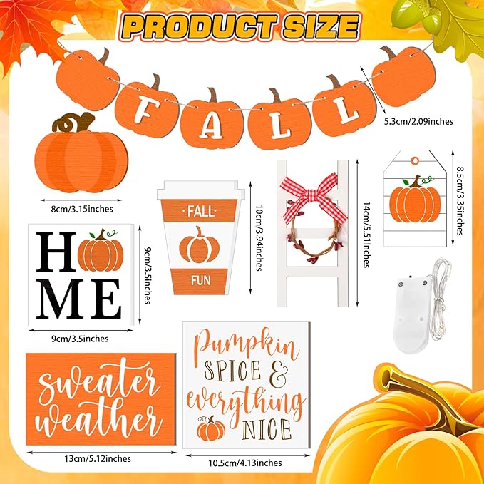 Sumind 15 Pcs Fall Tiered Tray Decor Set Fall Decorations for Home Autumn Wood Signs Thanksgiving Orange Brown Table Signs Farmhouse Wooden Maple Pumpkin Gnomes Tabletop for Festival(Home)