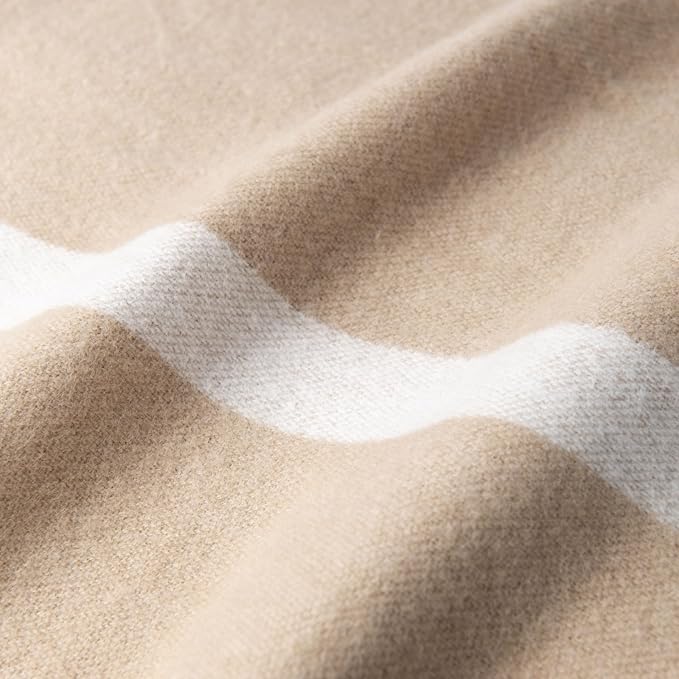 Hofdeco Premium Coastal Decorative Throw Blanket for Patio Couch Sofa, Neutral Tan White Pinstripes with Fringe, 52"x71"