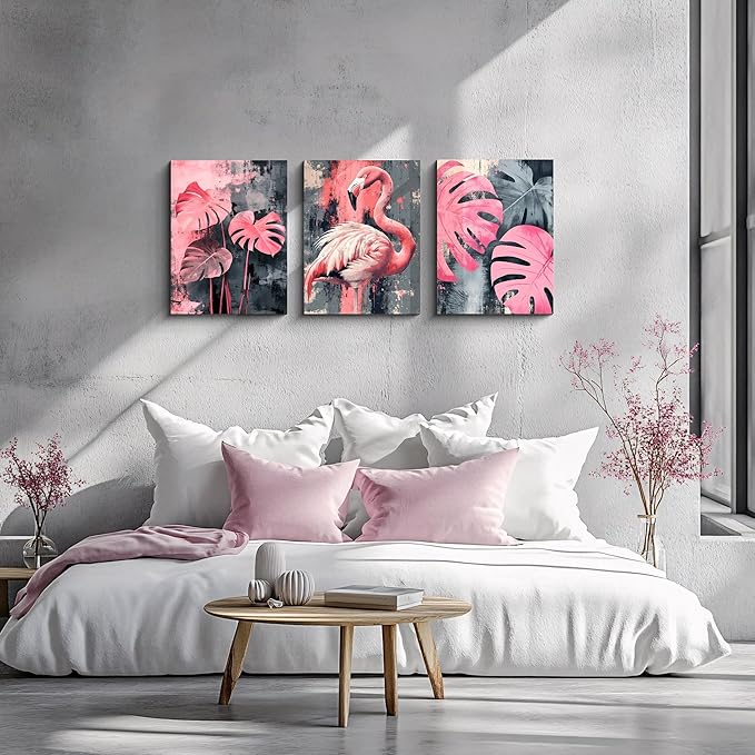 NAN Wind 3PCS Pink Flamingo Wall Art Modern Tropical Monstera Leaves Canvas Print Palm Leaf Bird Wall Decor Contemporary Botanical Print Nature-Inspired Artwork Living Room Decor Bedroom Home