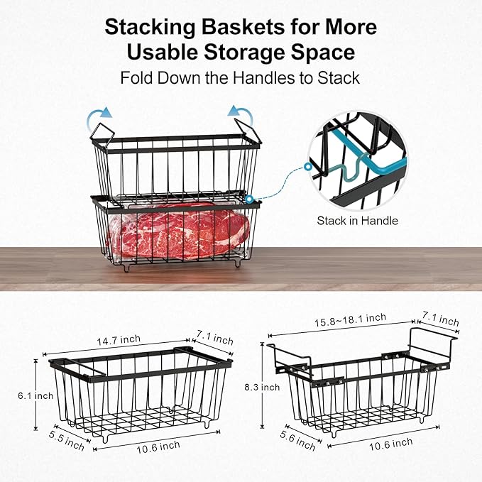 iSPECLE Chest Freezer Organizer Bins - 15.8~18.8 Inch Freezer Organizer Bins for 7 Cu.Ft Deep Freezer, 1 Hanging Basket and 3 Pack Stackable Freezer Organizer, 4 Pack Black