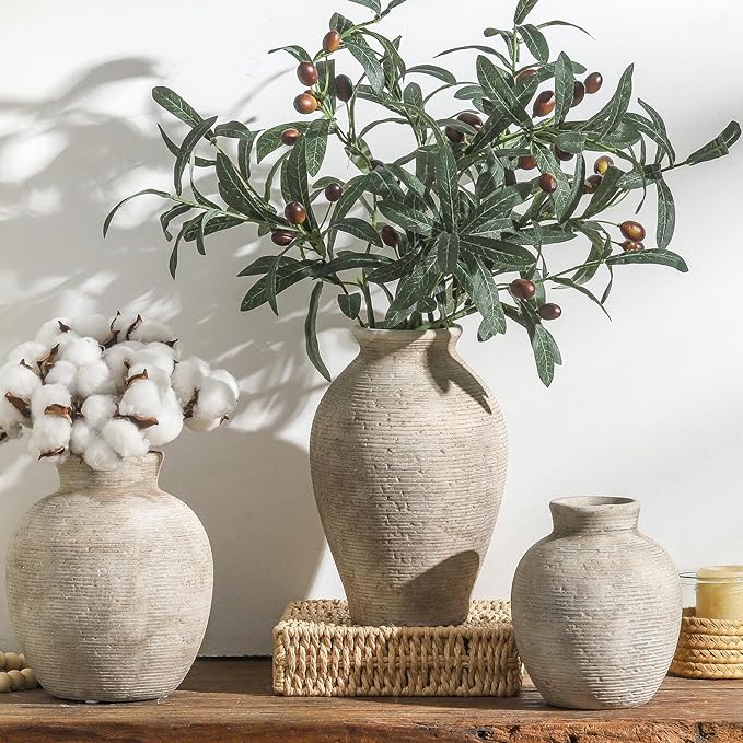 Ceramic Flower Vase Home Decor - Farmhouse Table Vases Rustic Vintage Living Room Kitchen Bedroom Decorations for House Book Shelf Office Coffee Desk Dining Fireplace (7.4" Retro)