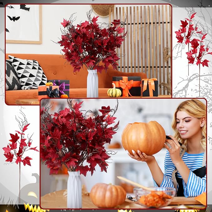 12 Pcs 19.7 Inch Artificial Halloween Flowers Decorations Burgundy Floral Stem Leaves Picks Branches Gothic Halloween Table Decorations for Home Indoor Party Vase Arrangement Decor