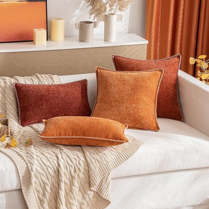 MIULEE Pack of 2 Fall Couch Throw Pillow Covers 20x20 Inch Burnt Orange Farmhouse Decorative Pillow Covers with Stitched Edge Soft Chenille Solid Dyed Pillow Covers for Sofa Bed Living Room