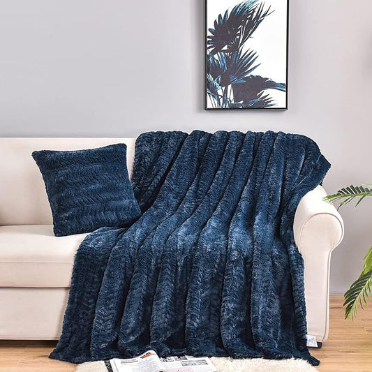 YUSOKI Luxury Faux Fur Throw Blanket(Without Pillows) 2 Layers,3lb,All Ages,Home Decoration, (Navy Blue,50" x 63")