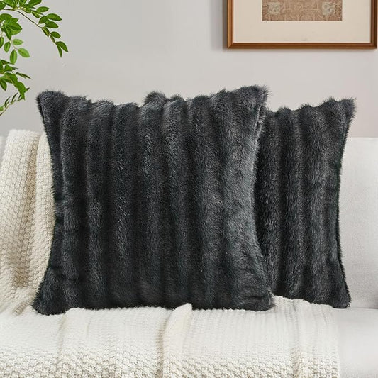 FUTEI Dark Grey Pink Decorative Throw Pillow Covers 26x26 Inch Set of 2,Soft Fluffy Faux Mink Fur Dyeing Striped Textured Euro Pillow Shams,Modern Home Decor for Couch Bed Living Room