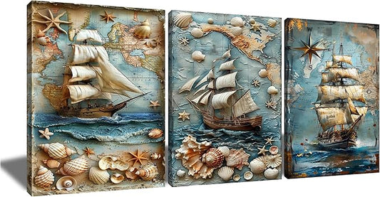 Nautical Boat Canvas Wall Art Abstract Ocean Creatures Seashell Starfish Poster Print Vintage Picture Painting Artwork for Modern Home Bedroom Bathroom Wall Decoration Ready to Hang [36''W x 16''H]