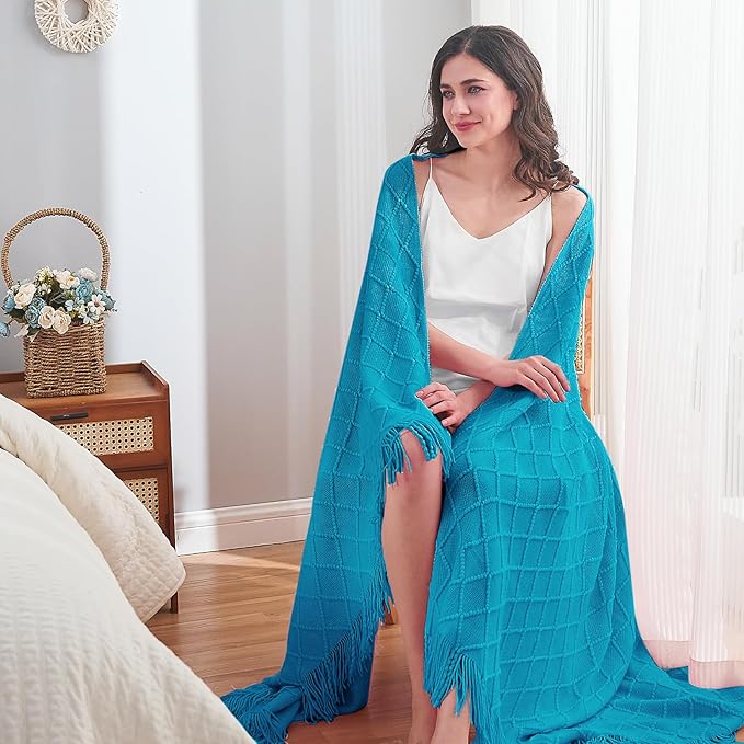 inhand Teal Throw Blanket for Couch and Bed, Soft Living Room Home Decor Knitted Twin Size Blanket, Outdoor Lightweight Breathable Summer Blanket, Farmhouse Warm Woven Decorative, 60"x80"