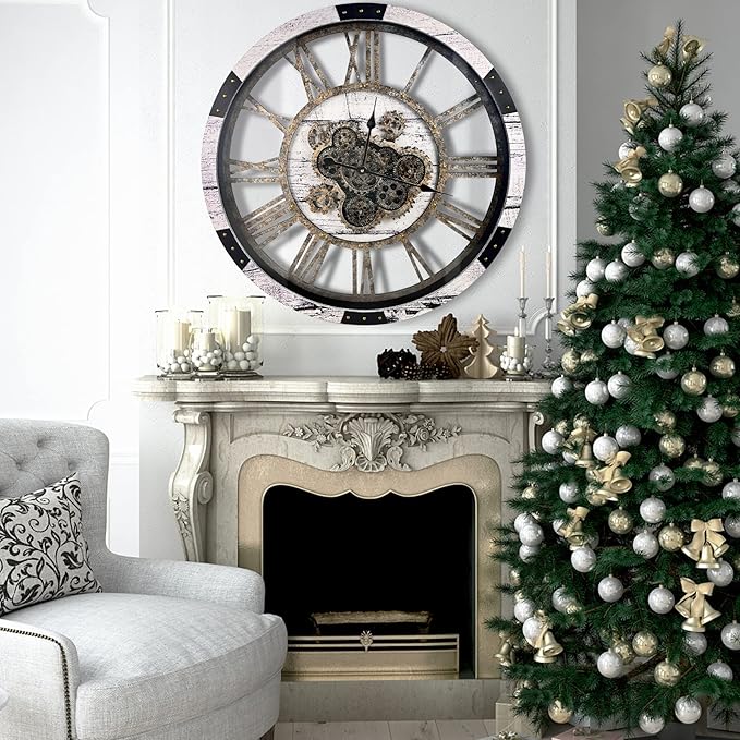 DORBOKER 24" Large Wall Clock with Moving Gears,Oversize Vintage Industrial Rustic Farmhouse Clocks for Living Room Decor Office Home,Solid Wood HD Tempered Glass Cover,White Grey