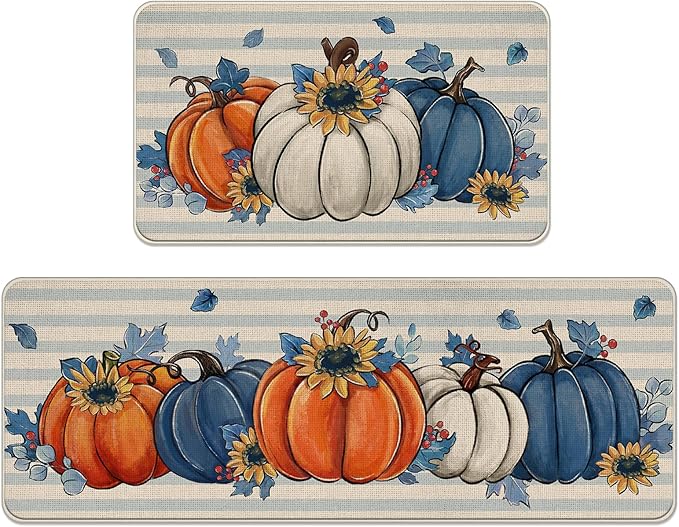Fall Blue White Pumpkin Kitchen Rugs Set of 2, Autumn Sunflower Stripes Kitchen Mats Decor, Thanksgiving Seasonal Floor Door Mat Home Decorations - 17x29 and 17x47 Inch