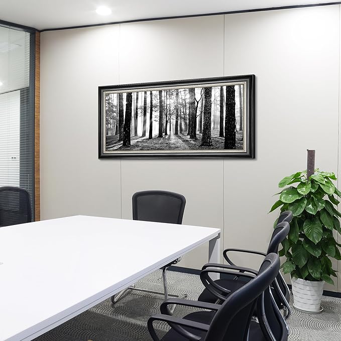 Black and White Forest Canvas Art: Framed Tree Sunshine Wall Painting Nature Foggy Landscape Prints for Living Room