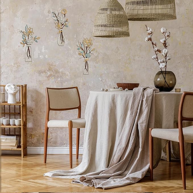 ARTINME 3 Pieces Metal Flowers Wall Arts - Rustic Farmhouse Decor Minimalist Flower Wall Decors for Living room Bathroom Kitchen Bedroom Dining Room - Housewarming Gifts (Beige)