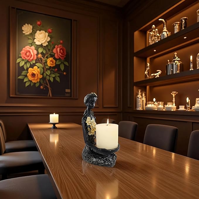 African Lady Figurine Candle Holder with African Tribal Totem for Wedding,Church,Holiday Decor-African Decorative Women Statues, Candlestick Holder for Home and Table Decor(406-Black)