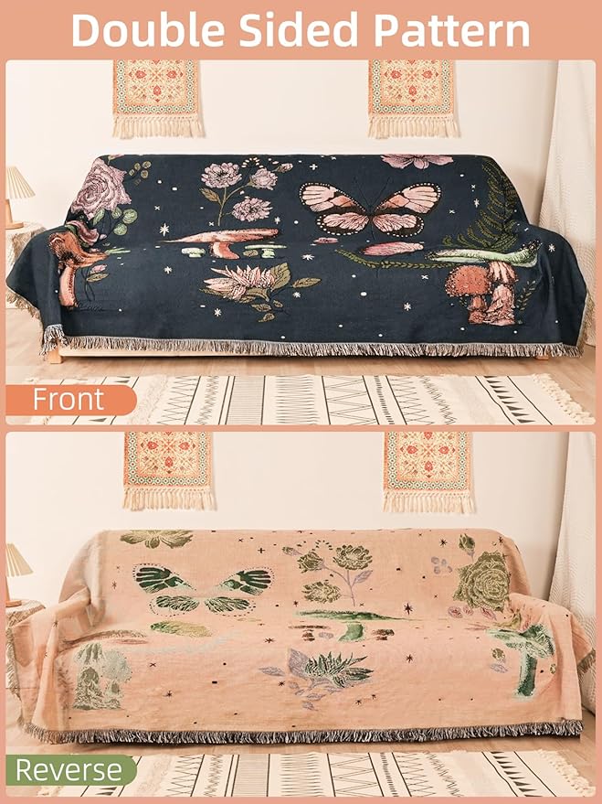 Boho Throw Blanket for Bed Couch Sofa Reversible Cotton Bohemian Travel Boho Quilt Mexican Muslin Blanket Tapestry Hippie Room Decor Outdoor Blanket Double Sided (Mushroom 60"x80")