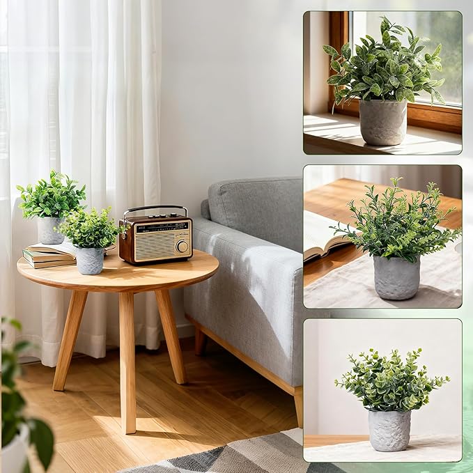 FGSAEOR Mini Potted Fake Plants, Small Artificial Greenery Realistic Plants Topiaries, Low Maintenance, for Home Office Shelf Desk Farmhouse Room Coffee Table Decor (3-Pack) (Grey (Round Pot))