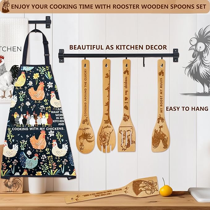 8pcs Chicken Bamboo Cooking Spoon with Apron and Oven Mitts, Rooster Kitchen Utensil Decor Gifts for Women Chicken Lovers,Roosters Themed Decorations for Home,Party Housewarming Presents Ideas