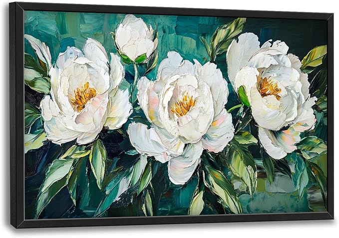 White Flower Large Wall Art for Living Room, Peoney Floral Oversized Wall Decor Pictures, Rustic Framed Canvas Print Painting, Modern Artwork for Bedroom Office Home Decor 36"x24"