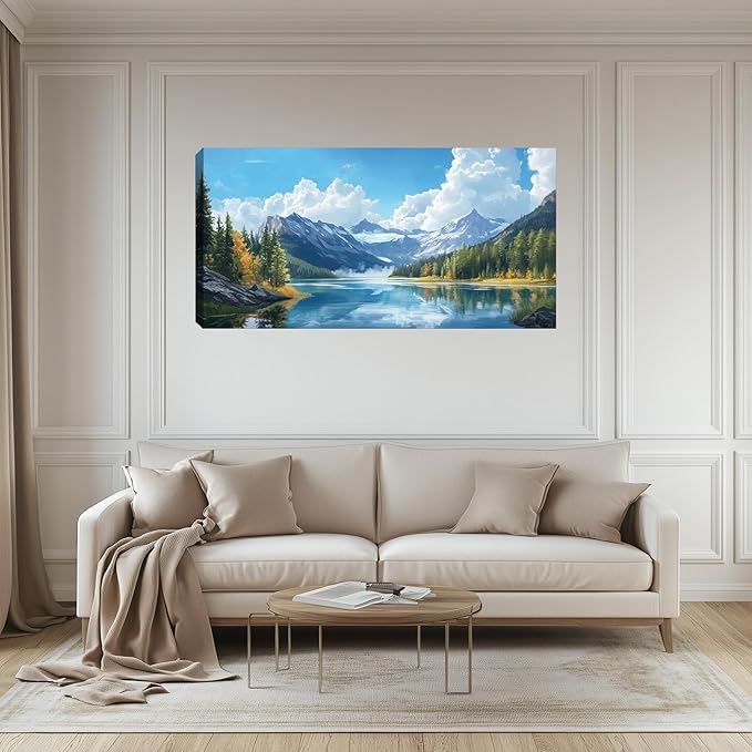 Large Mountain Canvas Wall Art for Living Room Blue Nature Landscape Picture Wall Decor for Bedroom Home Office Decoration Painting Poster Framed Artwork 48L x 24W