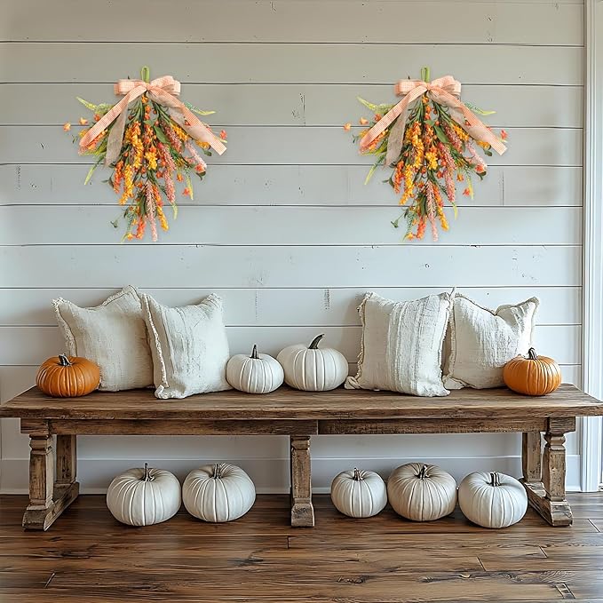 Set of 2 PCS Fall Swags with Artificial Flowers Berries for Front Door, Autumn Fall Teardrop for Indoor Outdoor, Harvest Thanksgiving Teardrops for Mailbox