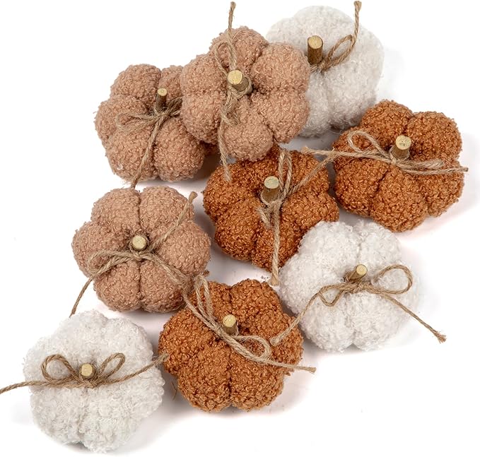 Fall Pumpkin Decorations for Home, 9 Pcs Artificial Mini Fabric Pumpkins Autumn Decor, Fake Pumpkins for Decorating, Fall Wedding Table Centerpiece Mantel Decor, Thanksgiving Halloween Decor Indoor