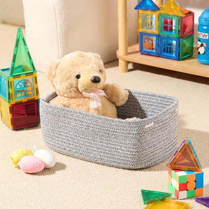 Small Storage Baskets for Organizing | Closet Organizer Bins | Shelf Toy Basket | Woven Rope Baskets | Cube Decorative Box | Shallow Basket | 13x8.5x5.1” | 3 Packs Mixed Grey