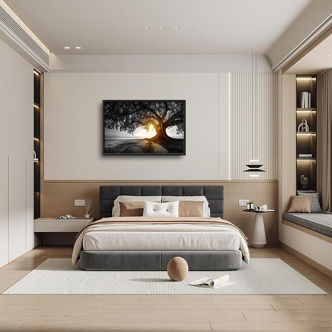 Olivine Tree Wall Art, Sunset Pictures Wall Decor, Black And White Painting, Nature Scenery Canvas Prints, Framed Artwork for Bathroom Bedroom Living Room Office Home Decoration 36"x24"