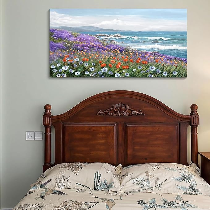 YDYSUNE Coastal Wall Art Ocean Picture for Living Room Blue Modern Home Bedroom Decoration Coast Beach Flower Painting Seascape Framed Artwork Decor 24×48IN