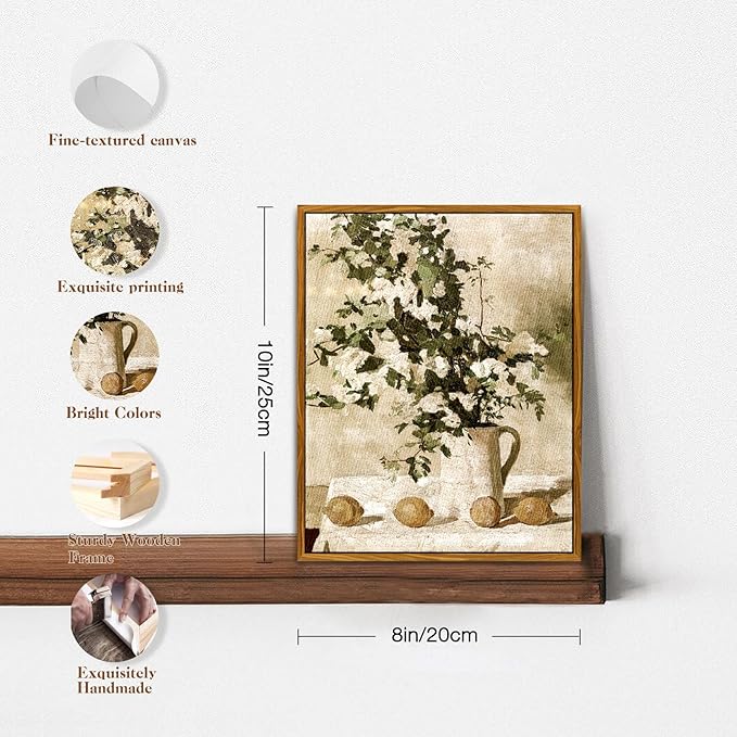 crmotu Vintage Framed Wall Art, Still Life Floral Kitchen Decorations Painting, Lemons and Flowers Canvas Botanical Prints, Retro Wall Pictures for Bedroom Bathroom Farmhouse Office Desktop 8x10in