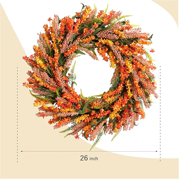 26 Inch Fall Flower Wreath for Front Door, Autumn Yellow Orange Forsythia Flower Indoor Outdoor Wreath with Berries Foam Leaves