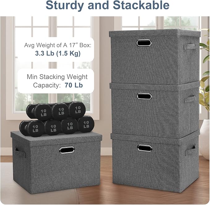 Large 17" 36 Quart Collapsible Stackable Storage Bins with Lids, 5 Packs Gray Foldable Fabric Closet Storage Boxes with Lids, Heavy-duty Linen Cube Baskets(17 x 12 x 11)