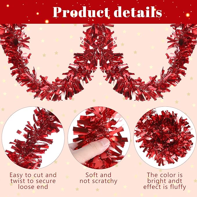 Dingion 59 Feet Christmas Tinsel Garland Metallic Twist Ornaments Hanging Glitter Xmas Garland for Christmas Tree Indoor Outdoor Decoration Party Supplies