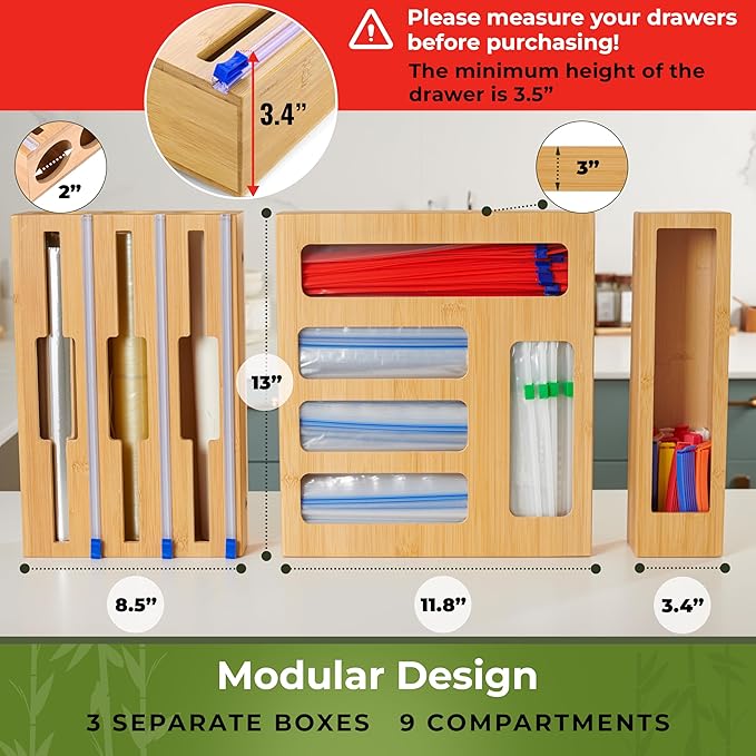 Bamboo Storage Bag Organizer, 9 in 1 Sandwich Bag Organizer, Aluminum Foil and Plastic Wrap Organizer with Labels Included. Baggie Organizer for drawer, Compatible with Gallon, Quart, Snack size bags