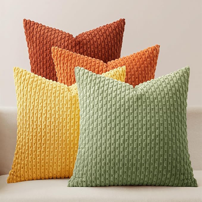 MIULEE Fall Burnt Orange Throw Pillow Covers Soft Couch Decorative Set of 4 Boho Striped Cushion Covers Corduroy Pillowcase Farmhouse Home Decor for Couch Bed Sofa Living Room 18x18 Inch Yellow Orange