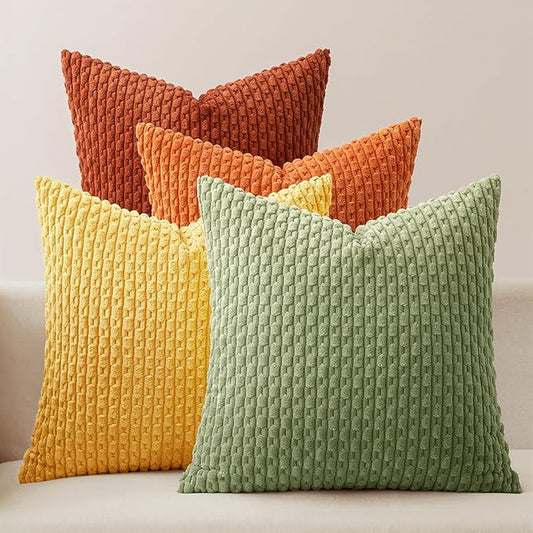 MIULEE Fall Burnt Orange Throw Pillow Covers Soft Couch Decorative Set of 4 Boho Striped Cushion Covers Corduroy Pillowcase Farmhouse Home Decor for Couch Bed Sofa Living Room 18x18 Inch Yellow Orange