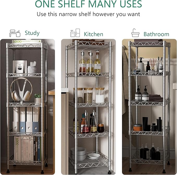 GIOTORENT 5 Tier Standing Shelving Metal Units, Adjustable Height Wire Shelf Display Rack for Laundry Bathroom Kitchen 11.8 W x 11.8 D x 50 H (5-Tier, Grey, Matte/Glossy Finish)